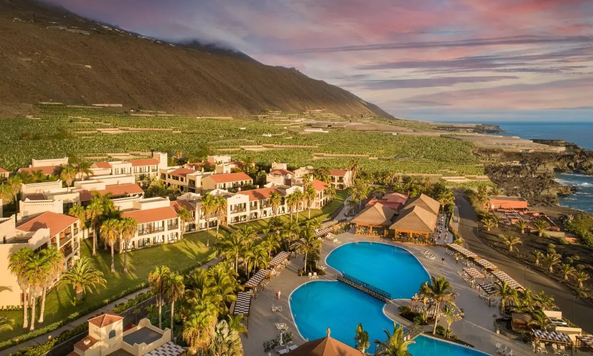 Aerial view of Esencia de La Palma by Princess, featuring its own restaurants and pools in this La Palma resort (Canary Islands)