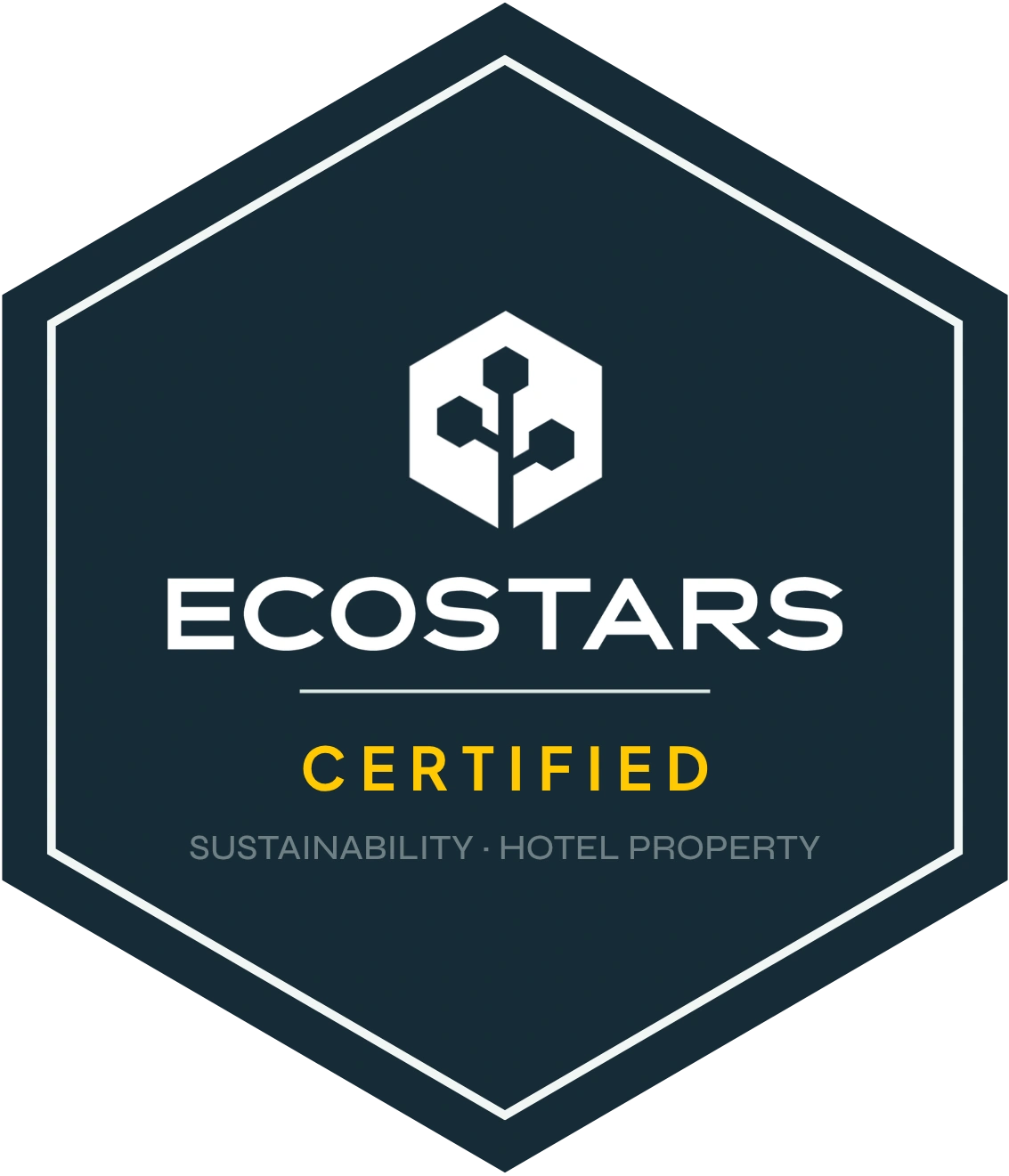 Insignia Ec&oacute;stars Certified con &aacute;rbol y texto &ldquo;Sustainability - Hotel Property&rdquo;