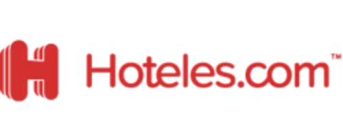 Logo &ldquo;Hotels.com&rdquo; en rojo sobre fondo negro.