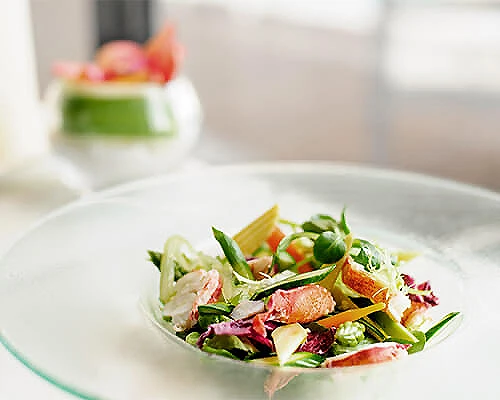 Ensalada fresca de verduras en plato blanco, fondo desenfocado.
