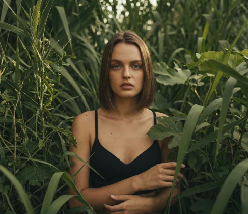 Mujer con vestido negro entre hierbas verdes, sosteniendo una planta.