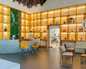 Sala de caf&eacute; con estanter&iacute;as iluminadas y mesas con sillas amarillas.