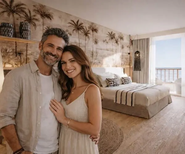 Pareja sonriente posando en una habitaci&oacute;n luminosa con cama y palmeras en mural.