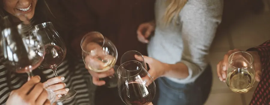Personas brindando con copas de vino en una reuni&oacute;n.