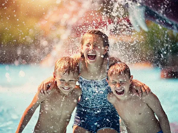 Ni&ntilde;os felices jugando en la nieve con chapoteos en un d&iacute;a fr&iacute;o