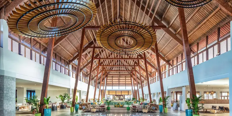 Amplio sal&oacute;n de madera con techo alto, l&aacute;mparas circulares y plantas.