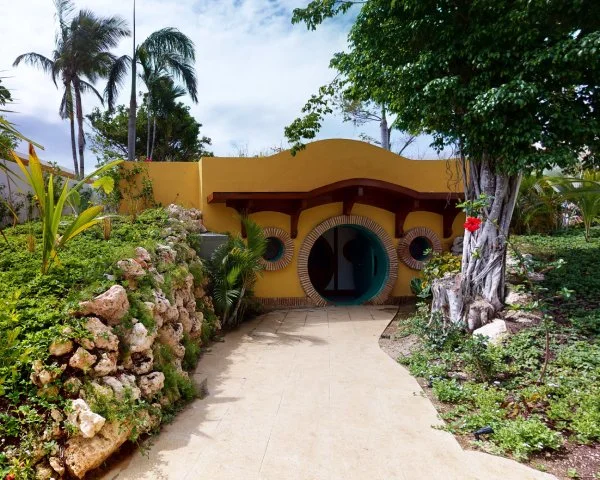Entrada con camino de piedra y jard&iacute;n tropical frente a un muro amarillo