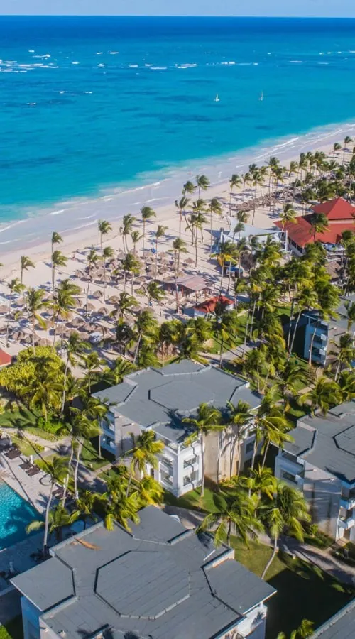 Vista a&eacute;rea de una playa tropical con palmeras y hoteles junto al mar