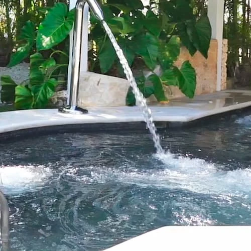 Chorro de agua de una piscina con plantas verdes alrededor.