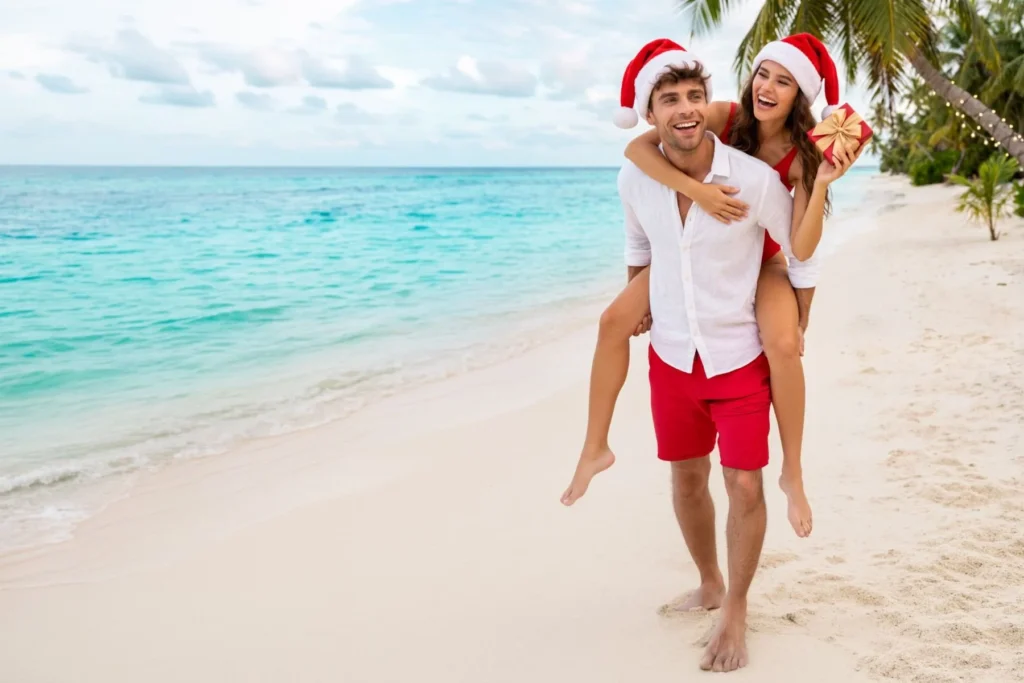 Pareja con gorros de navidad por la playa, sonriendo y con regalos