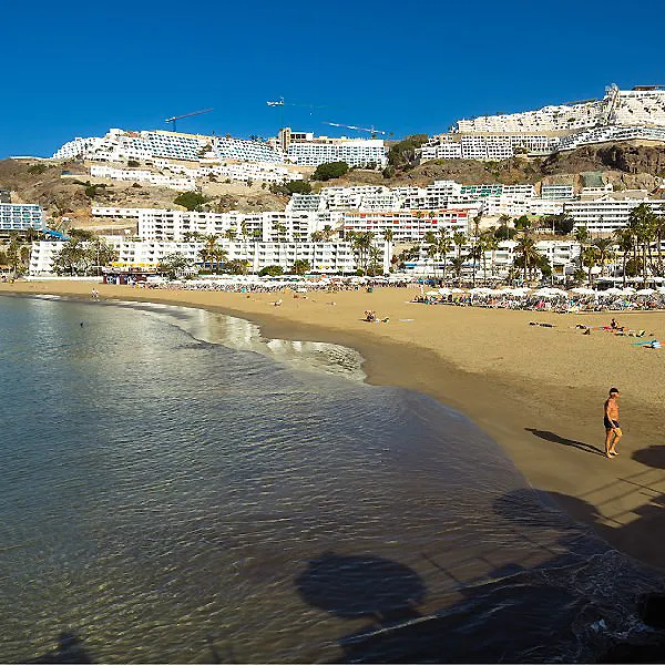 Playa con edificios blancos y palmeras junto al mar bajo cielo azul