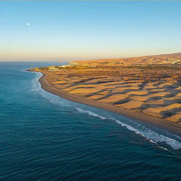 Playa de arena con olas y dunas, vista a&eacute;rea al atardecer