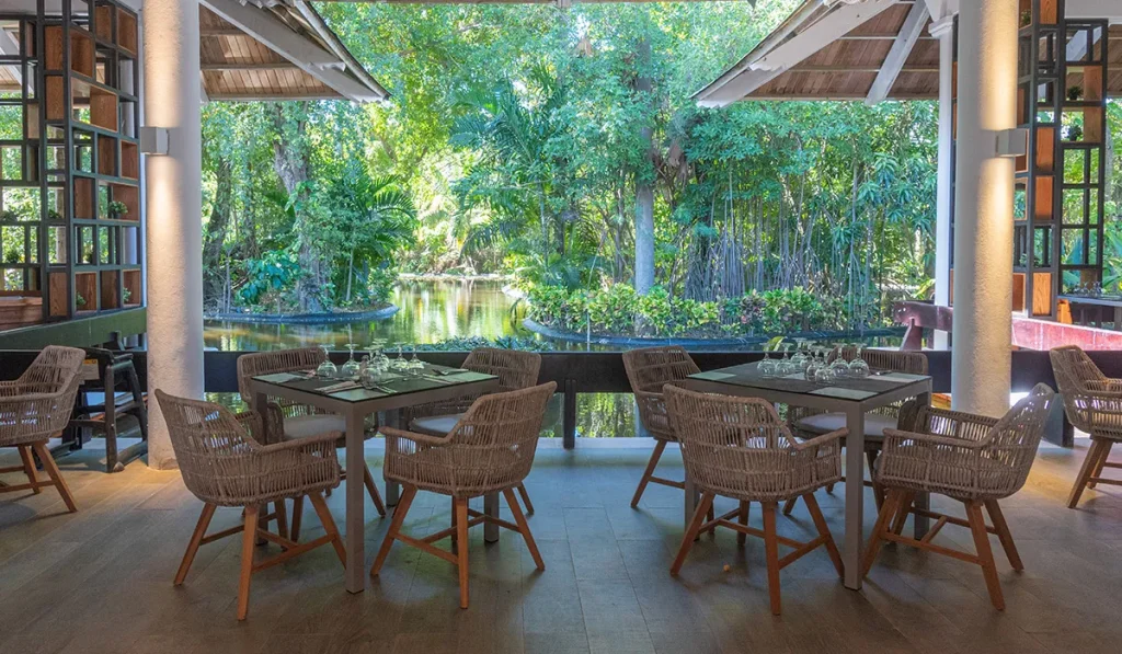 Terraza con mesas y sillas mirando un r&iacute;o entre vegetaci&oacute;n tropical.