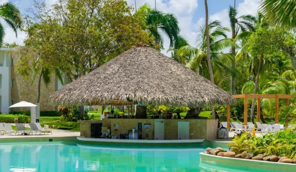 Piscina con caba&ntilde;a de techo de paja y palmeras en un resort tropical