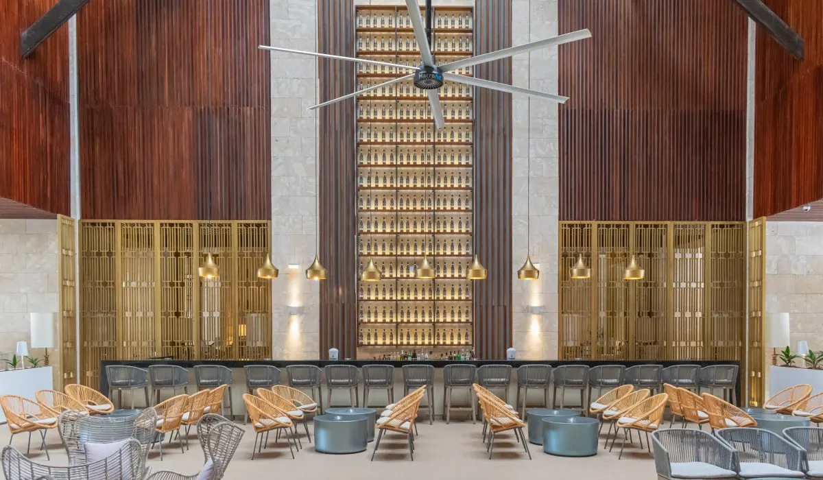 Bar con sillas de rat&aacute;n y estanter&iacute;a de botellas al fondo, iluminaci&oacute;n c&aacute;lida.