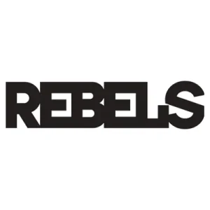 Logotipo &ldquo;REBELS&rdquo; en letras negras sobre fondo blanco