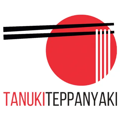 Logo &ldquo;Tanuki Teppanyaki&rdquo; con l&iacute;neas negras y c&iacute;rculo rojo