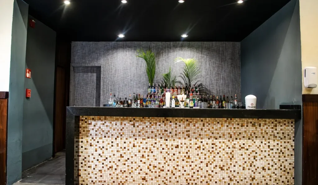 Bar con botellas y mosaico beige, plantas y luces en el techo.