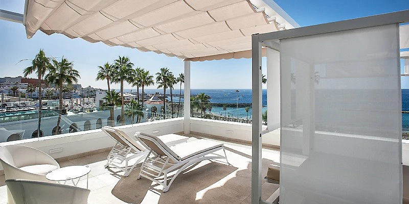 Terraza con tumbonas bajo toldo, palmeras y vista al mar.