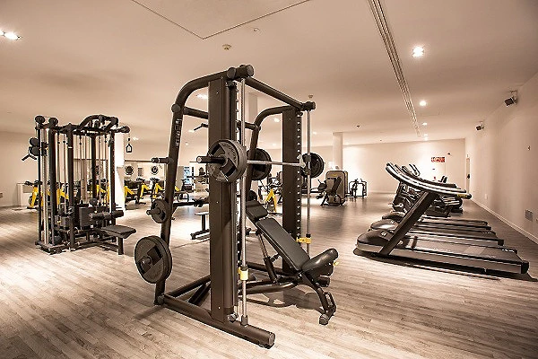Gimnasio con m&aacute;quinas de pesas y bancos en un sal&oacute;n amplio y luminoso