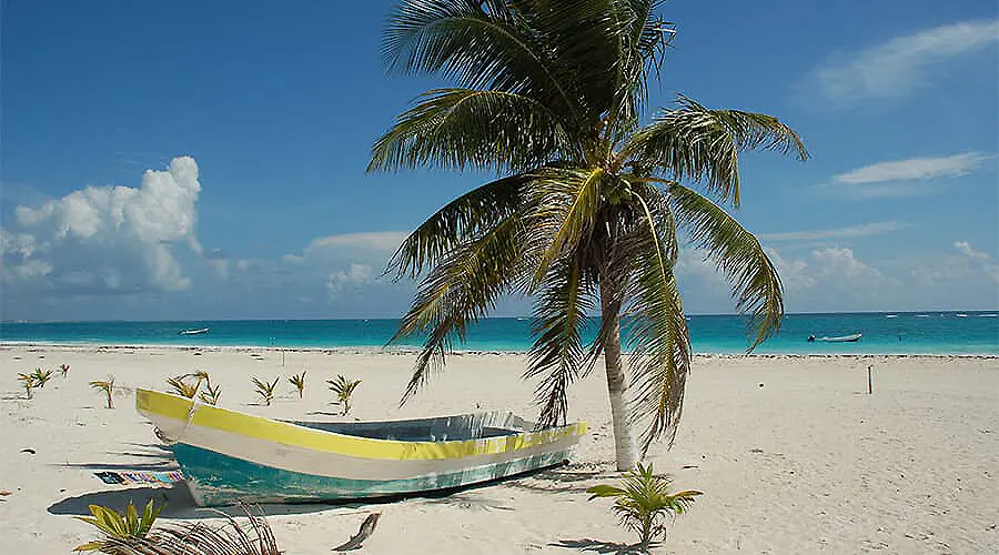 Playa tropical con palmera y bote amarillo sobre la arena blanca