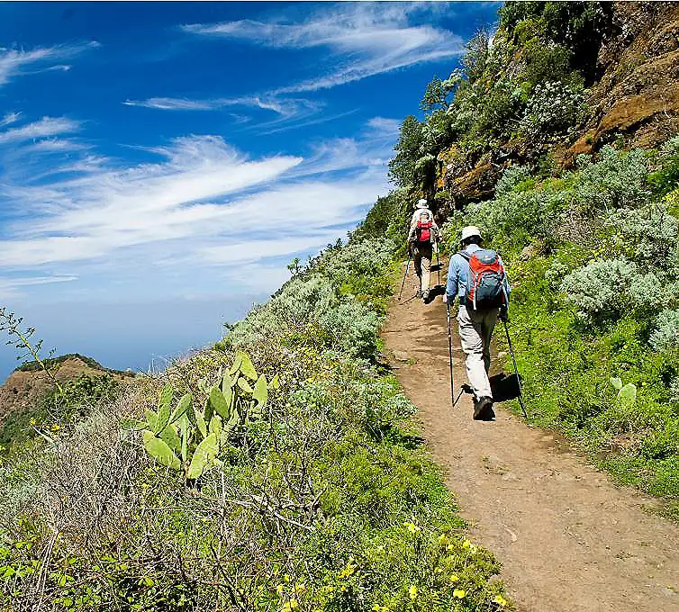 Senderistas caminan por un sendero de monta&ntilde;a entre vegetaci&oacute;n y cielo azul