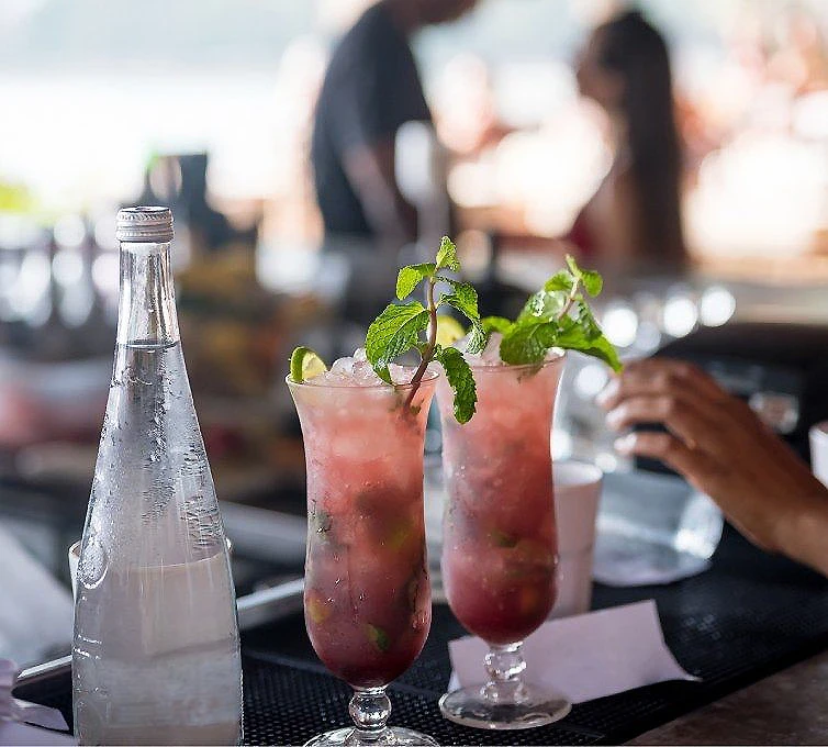 Dos c&oacute;cteles rosados con hojas de menta sobre una barra, en un bar