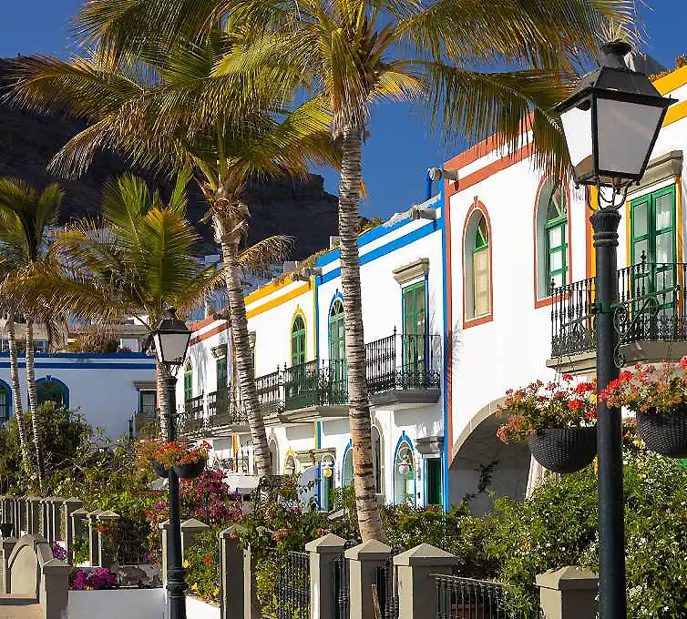 Edificio blanco con balcones y farol, palmeras y flores en la calle.