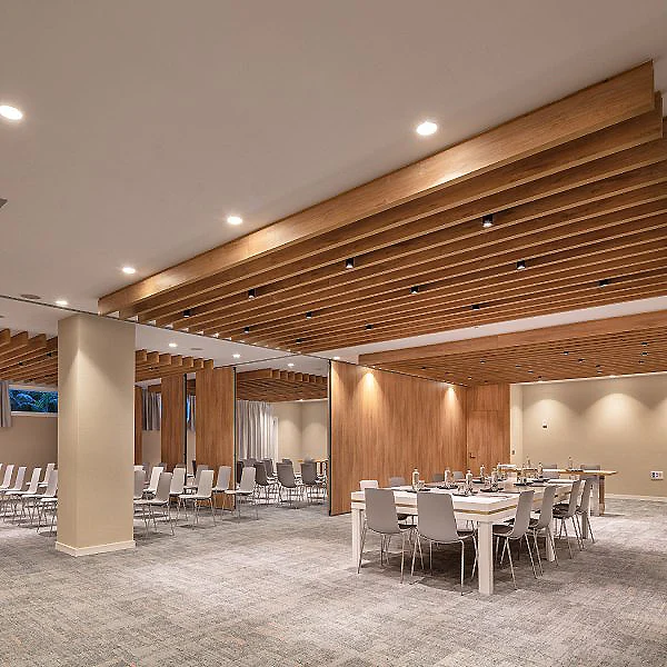 Comedor moderno con mesa y sillas, iluminaci&oacute;n y paneles de madera en techo.