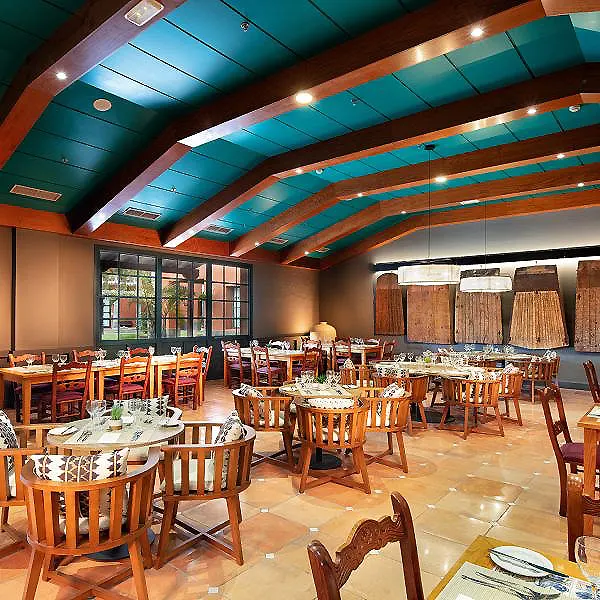 Comedor con mesas y sillas de madera, decoraci&oacute;n y ventanas al fondo.