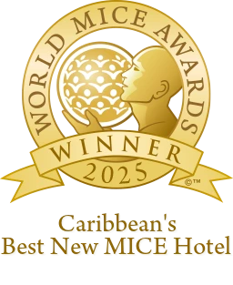 Sello &ldquo;World MICE Awards Winner 2025&rdquo; y &ldquo;Caribbean's Best New MICE Hotel&rdquo;.