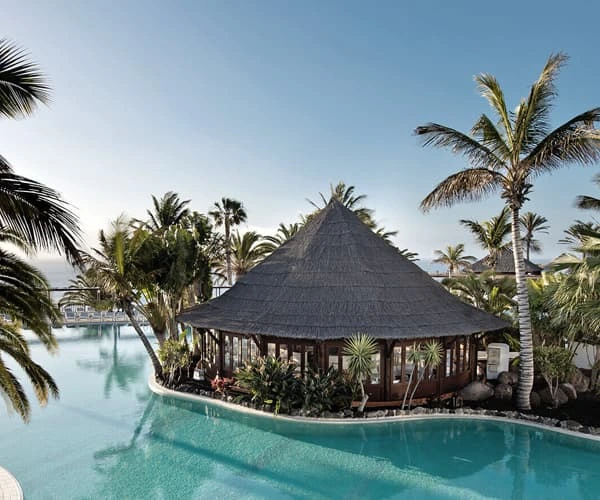 Piscina junto a caba&ntilde;a de paja con palmeras tropicales al fondo