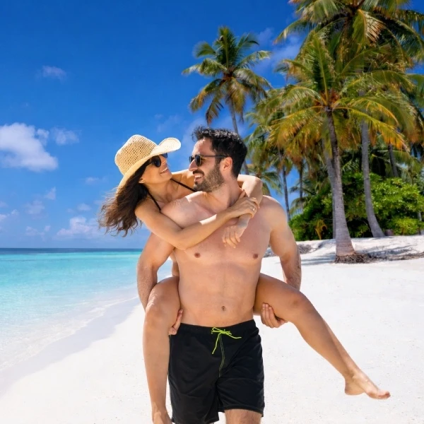 Pareja abrazada en playa tropical con palmeras y cielo azul
