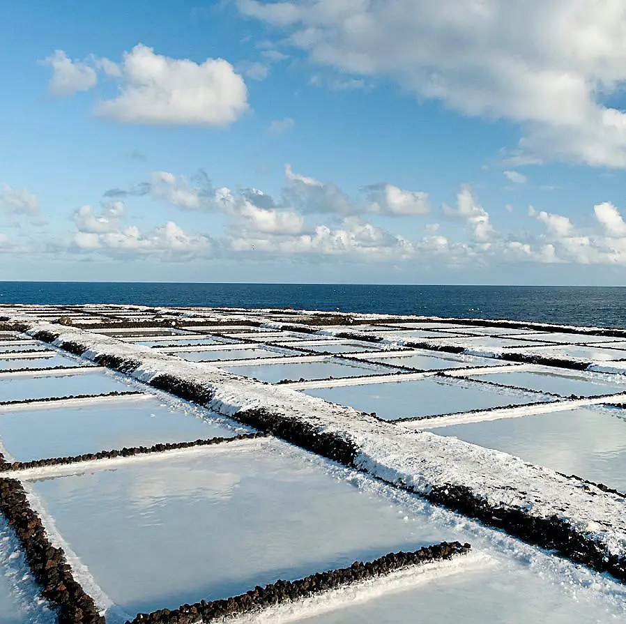 Chinampas salineras con nieve y olas en el mar bajo cielo nublado