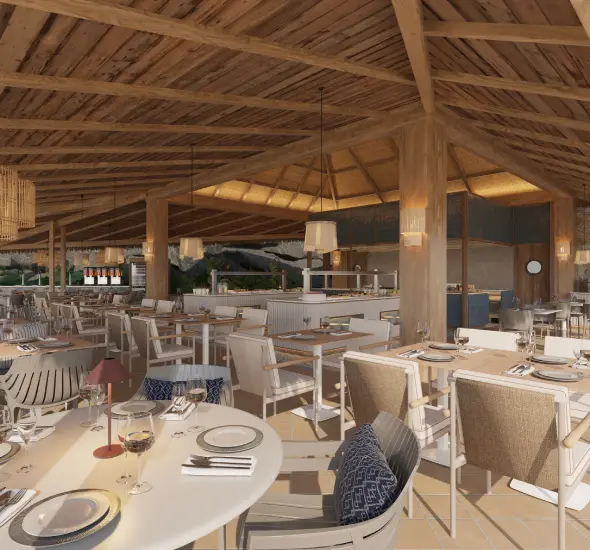 Comedor de restaurante bajo techo de madera, mesas y sillas con vajilla