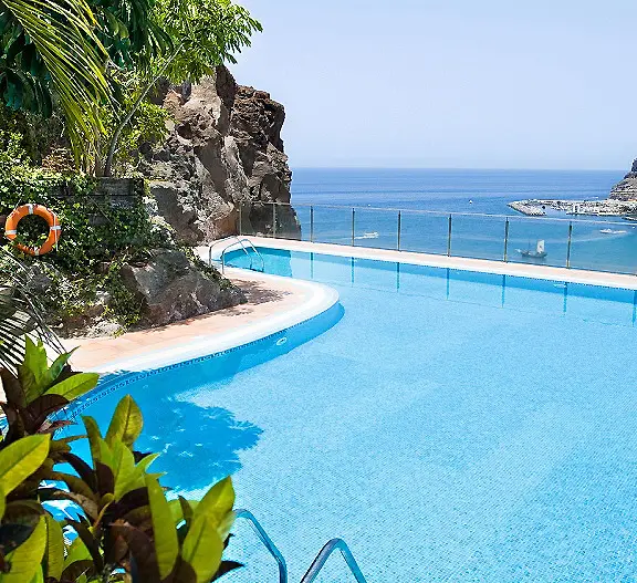 Piscina azul con vista al mar, acantilado y palmeras.