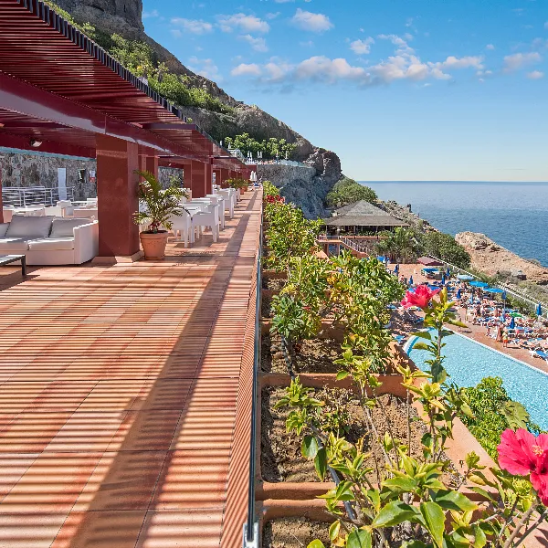 Terraza de hotel con tumbonas, plantas y vista al mar en un acantilado.