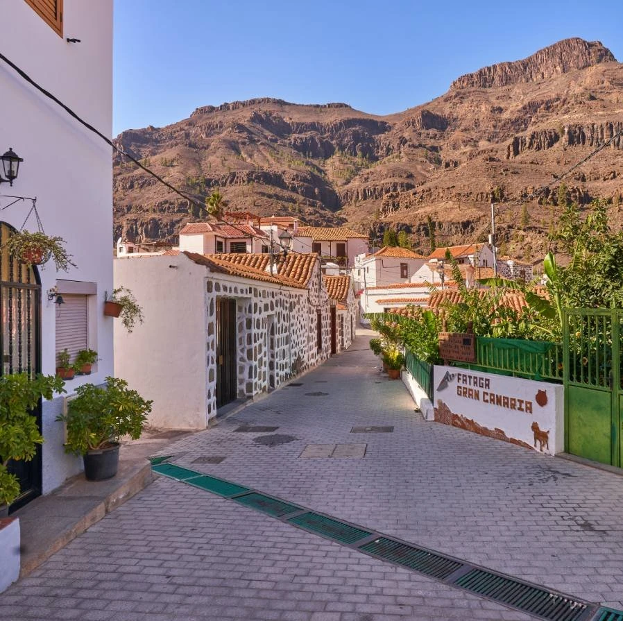 Calle con casas blancas y tejados rojos entre monta&ntilde;as en Gran Canaria