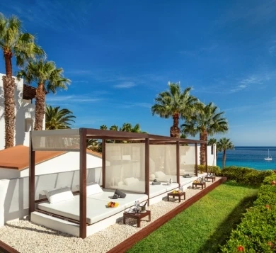 Terraza junto al mar con palmeras y camas en un hotel de lujo
