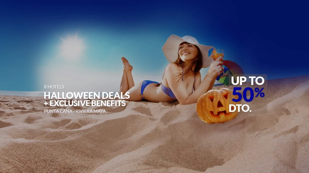 Mujer en playa con sombrero, calabaza de Halloween y oferta &ldquo;hasta 50% dto.&rdquo;