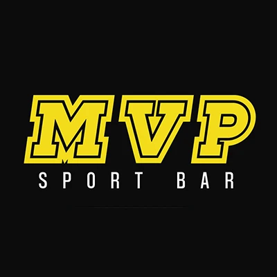 Logotipo &ldquo;MVP Sport Bar&rdquo; con letras amarillas sobre fondo negro.