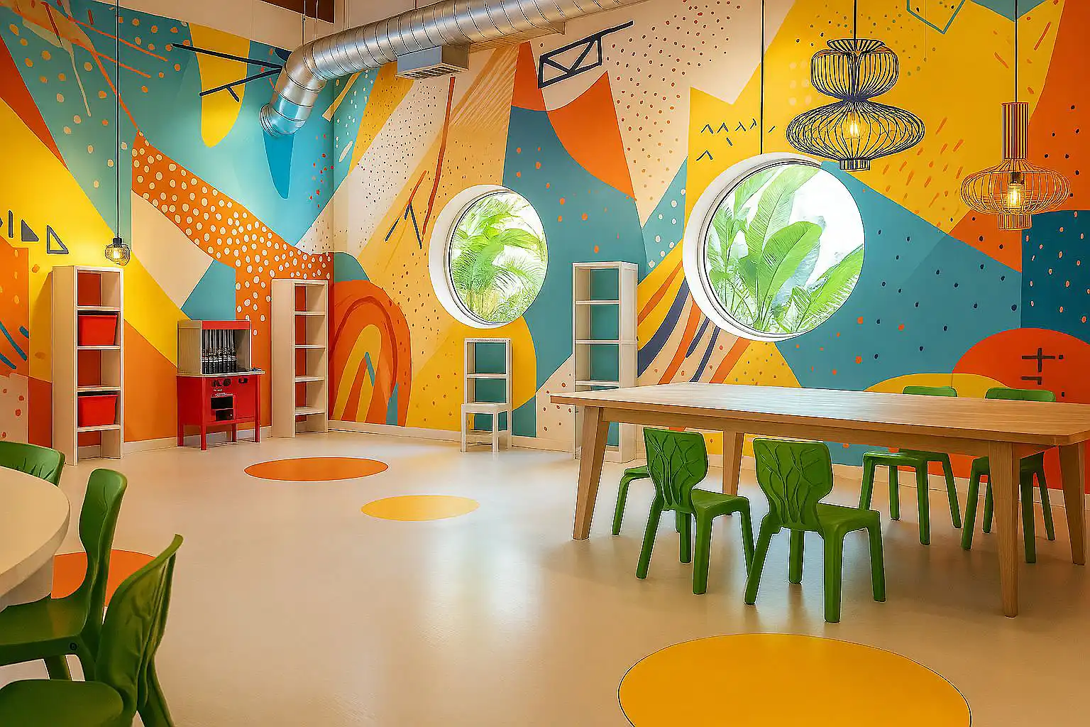 Sal&oacute;n infantil colorido con mesas, sillas verdes y pared mural art&iacute;stica.