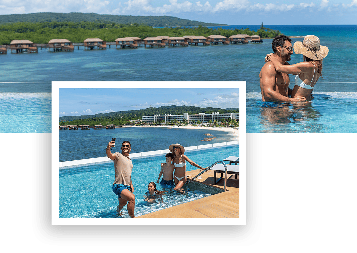 Pareja en piscina frente a un resort y playa con muelle sobre el mar