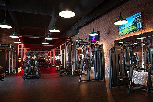 Gimnasio amplio con m&aacute;quinas de pesas y barras, luces LED y TV.