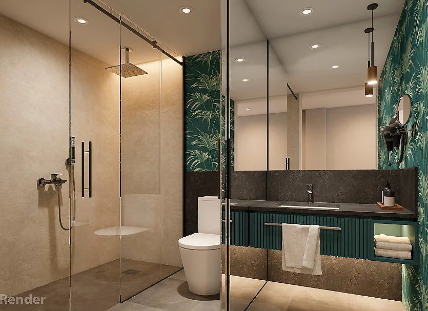 Ba&ntilde;o moderno con ducha de vidrio, tocador verde y azulejos oscuros