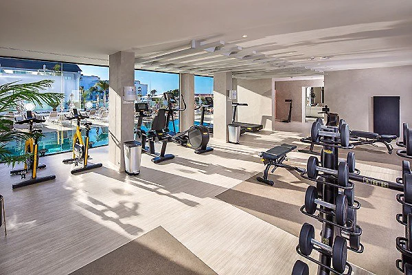 Gimnasio moderno con pesas y m&aacute;quinas, luz natural y piscina al fondo