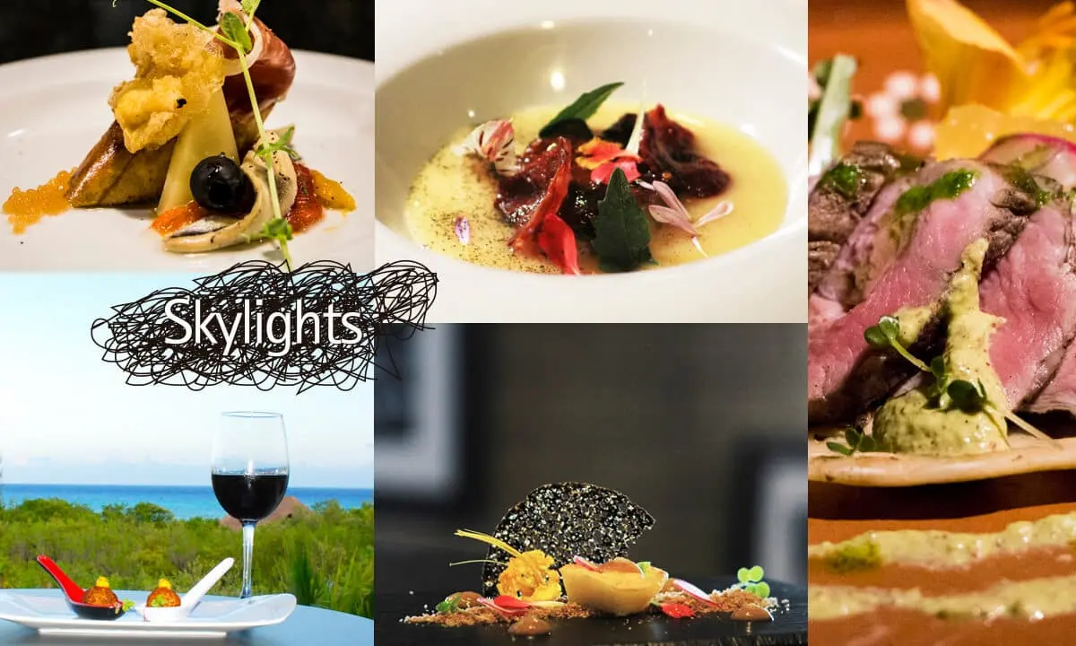 Collage de platos gourmet y bebida, con el logotipo &ldquo;Skylights&rdquo;.