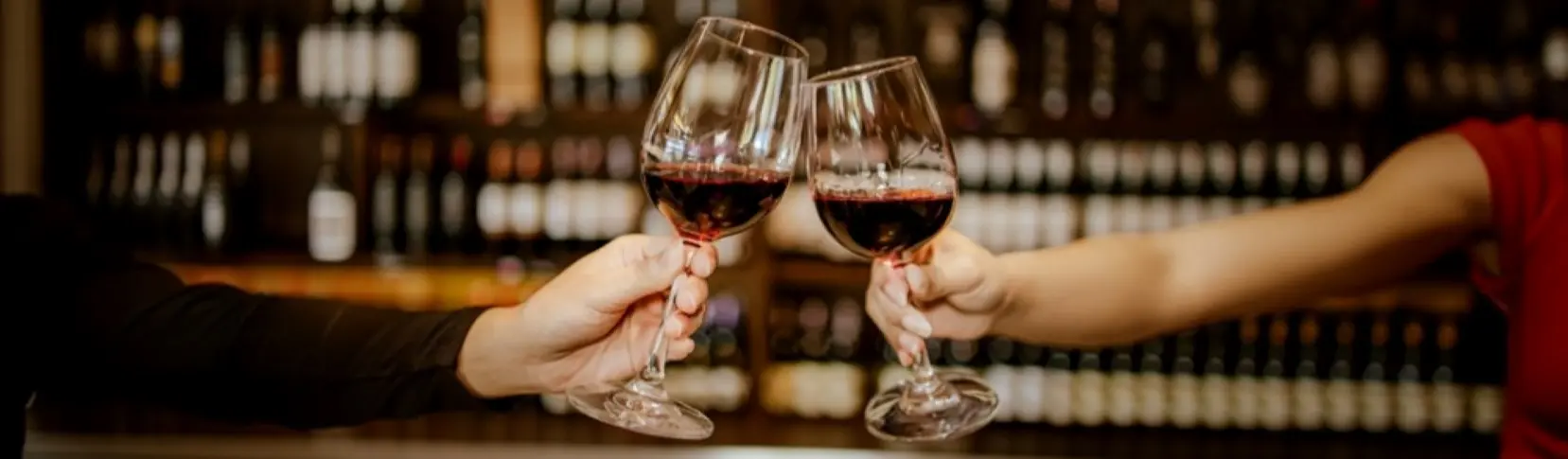 Dos personas brindando con copas de vino en un bar.