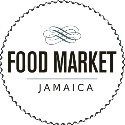 Sello &ldquo;FOOD MARKET JAMAICA&rdquo; con un s&iacute;mbolo tipo lazo en el centro.