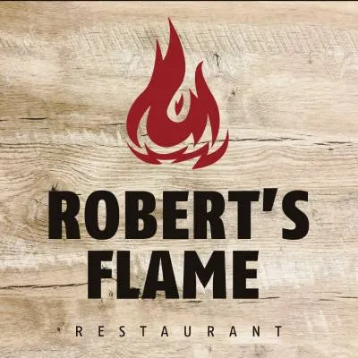 Logo de &ldquo;Robert&rsquo;s Flame&rdquo; con llama roja sobre fondo de madera y texto.